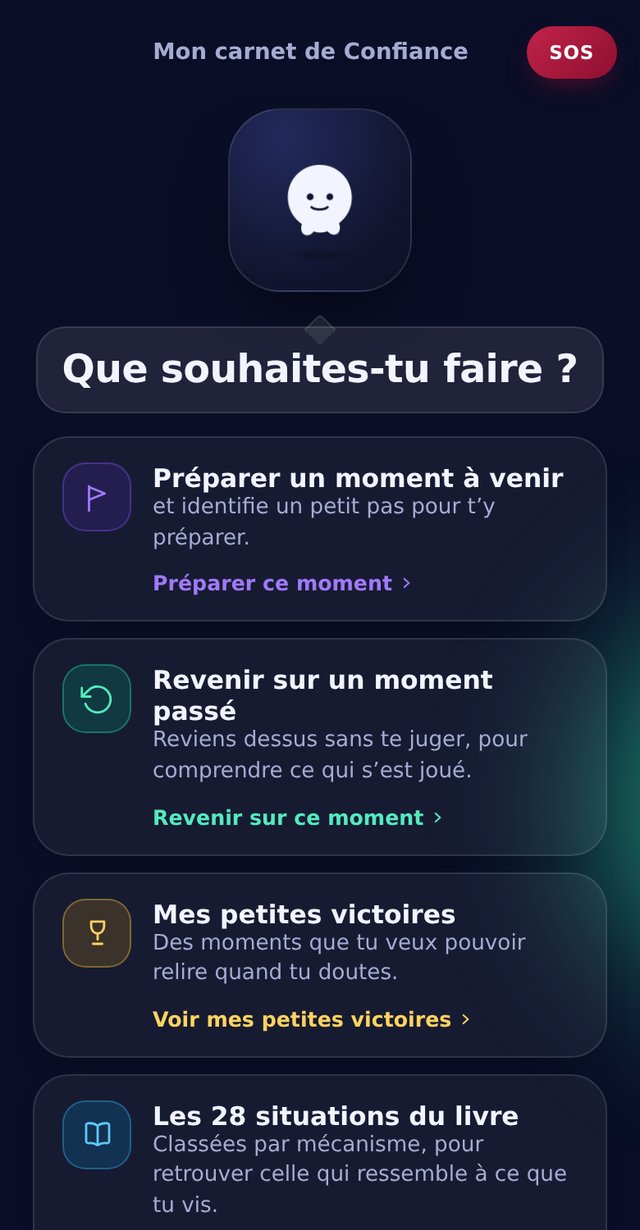 Capture d'écran de l'application Mon carnet de Confiance, avec la mascotte et le menu principal